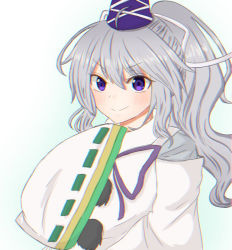 Rule 34 | 1girl, :&gt;, ahoge, blue hat, blush, chromatic aberration, closed mouth, commentary request, gradient background, grey hair, hair between eyes, hat, japanese clothes, kariginu, long hair, mononobe no futo, pipita, pom pom (clothes), ponytail, purple eyes, purple ribbon, ribbon, shirt, simple background, sleeves past fingers, sleeves past wrists, solo, tate eboshi, touhou, turtleneck, upper body, v-shaped eyebrows, white background, white shirt, wide sleeves