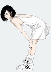 Rule 34 | 1girl, back cutout, bare shoulders, black hair, clothing cutout, dress, from side, full body, green eyes, grey background, hands on own knees, highres, leaning forward, looking at viewer, original, sakamoto giulietta, shoes, short hair, simple background, sleeveless, sleeveless dress, sneakers, socks, solo, tennis dress, white footwear, white socks