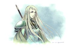 Rule 34 | 1girl, aoharuto, armor, artist name, blonde hair, cape, claymore (series), dated, galatea (claymore), grey eyes, long hair, simple background, solo, upper body