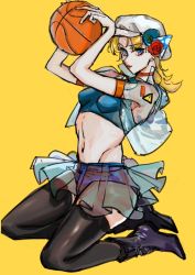 Rule 34 | 1girl, absurdres, armband, ball, basketball, basketball (object), battle tendency, black footwear, black thighhighs, blonde hair, blue eyes, boots, breasts, choker, crop top, earrings, flower, hat, hat flower, highres, jewelry, jojo no kimyou na bouken, medium hair, micro shorts, midriff, miniskirt, navel, red lips, rose, see-through, shorts, shorts under skirt, sign, simple background, skirt, small breasts, solo, stud earrings, suzi q, thighhighs, warning sign, xubeichaoyansuan, yellow background
