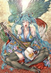 Rule 34 | 1girl, aqua eyes, aqua hair, bachi, bird, breasts, cleavage, detached sleeves, flower, hair ornament, hatsune miku, highres, instrument, juunin toiro (silent123), large breasts, long hair, one eye closed, open mouth, plectrum, sandals, shamisen, sitting, solo, thighhighs, twintails, very long hair, vocaloid, wink