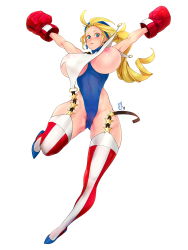 Rule 34 | 1girl, absurdres, bandana, blonde hair, blue eyes, blue leotard, blush, boxing gloves, breasts, covered navel, earrings, highleg, highleg leotard, highres, huge breasts, jewelry, justice gakuen, leotard, long hair, nipples, o-ring, ponytail, shiritsu justice gakuen, simple background, solo, standing, star (symbol), star earrings, suspenders, thick thighs, thighhighs, thighs, tiffany lords, underboob, wardrobe malfunction, white background, zcune