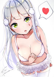 Rule 34 | 1girl, bare shoulders, blunt bangs, breasts, collarbone, facial mark, girls&#039; frontline, green eyes, hair ornament, hk416 (girls&#039; frontline), kodama (koda mat), large breasts, long hair, looking at viewer, open mouth, silver hair, simple background, solo, standing, teardrop, thighhighs, white thighhighs