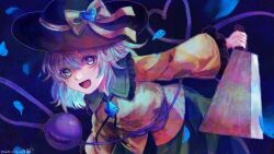 Rule 34 | 1girl, :d, black hat, bow, commentary request, green eyes, green hair, green skirt, hat, hat bow, heart, heart of string, highres, koishi day, koishi kawaiine, komeiji koishi, long sleeves, looking at viewer, nata (tool), open mouth, shirt, short hair, skirt, smile, solo, third eye, touhou, variant set, yellow bow, yellow shirt