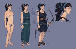 Rule 34 | 1girl, absurdres, ancient greek clothes, arrows, black hair, bow, breasts, completely nude, concept art, greco-roman clothes, greece, greek mythology, highres, medium breasts, midriff, nipples, nude, ponytail