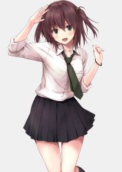 1girl :d arm_up black_skirt black_socks blush brown_hair collared_shirt commentary_request dress_shirt female_focus fingernails green_necktie grey_background grey_eyes hair_between_eyes hair_bobbles hair_ornament head_tilt kneehighs long_hair long_sleeves looking_at_viewer necktie open_mouth original pleated_skirt shirt simple_background skirt sleeves_rolled_up smile socks solo suien two_side_up white_shirt