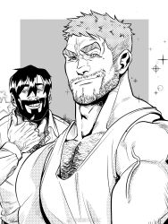 Rule 34 | 2boys, arm hair, bara, beard stubble, borrowed character, chest hair peek, come hither, facial hair, from side, greyscale, grin, highres, large pectorals, leimengrem, long sideburns, looking at viewer, male focus, mature male, monochrome, multiple boys, muscular, muscular male, mustache stubble, original, pectoral cleavage, pectorals, seductive smile, short hair, sideburns, smile, smirk, sparkle background, star (symbol), stubble, tank top, thick eyebrows, thick mustache, upper body, veins, veiny arms, veiny hands