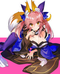 Rule 34 | 1girl, animal ear fluff, animal ears, bad id, bad pixiv id, bare shoulders, blue bow, blue kimono, blue thighhighs, blush, bow, breasts, brown eyes, cleavage, closed mouth, commentary request, fate/extra, fate/grand order, fate (series), fingernails, fox ears, fox girl, fox tail, full body, hair bow, hand up, hayama eishi, highres, japanese clothes, kimono, large breasts, long hair, looking at viewer, lying, on stomach, pink hair, shiny clothes, shiny skin, simple background, smile, solo, tail, tamamo (fate), tamamo no mae (fate/extra), thighhighs, wide sleeves, yellow eyes