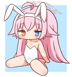 Rule 34 | 1girl, ahoge, animal ears, bare arms, bare legs, bare shoulders, barefoot, blue archive, blue background, blue eyes, blush, breasts, brown eyes, chibi, closed mouth, collarbone, commentary request, fake animal ears, full body, hair between eyes, hairband, halo, hana kazari, heterochromia, highres, hoshino (blue archive), leotard, long hair, looking at viewer, pink hair, playboy bunny, rabbit ears, sitting, small breasts, solo, strapless, strapless leotard, two-tone background, very long hair, wariza, white background, white hairband, white leotard