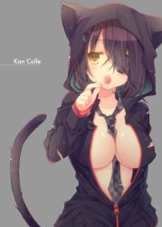 Rule 34 | 10s, 1girl, alternate costume, animal ears, animal hood, between breasts, breasts, candy, cat ears, cat girl, cat hood, cat tail, checkered clothes, checkered necktie, checkered neckwear, copyright name, eating, eyepatch, female focus, food, hood, hoodie, jacket, kantai collection, large breasts, lollipop, loose necktie, necktie, necktie between breasts, no bra, open clothes, open jacket, oppaimilk, personification, purple hair, short hair, solo, tail, tenryuu (kancolle), torn clothes, unzipped, yellow eyes