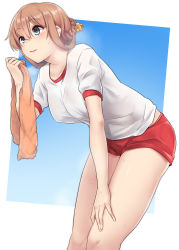 Rule 34 | 1girl, absurdres, alternate costume, bent over, blue eyes, blush, brown hair, commentary request, gym shirt, gym shorts, gym uniform, hair between eyes, hair ornament, hand on own thigh, highres, kantai collection, kiritto, leaning forward, light brown hair, outside border, propeller hair ornament, red shorts, shirt, short sleeves, shorts, solo, steam, steaming body, sweat, teruzuki (kancolle), towel, white shirt