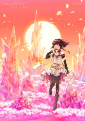 Rule 34 | 10s, 1girl, 2012, bare shoulders, black hair, boots, crystal, dated, dress, flower, hairband, happy birthday, kaida michi, original, pantyhose, petals, red eyes, solo, sunset
