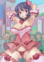 Rule 34 | absurdres, arm cuffs, armpit hair, armpits, arms behind back, arms up, blue hair, breasts, choker, exhibitionism, feet out of frame, female pubic hair, gluteal fold, heart, highres, magical girl, medium breasts, medium hair, multiple boys, multiple girls, nipple slip, nipples, o-ring, o-ring bottom, o-ring panties, open mouth, original, outdoors, panties, parted lips, people, pubic hair, public indecency, purple eyes, qd, shiny skin, solo focus, standing, string panties, teeth, thighs, underwear