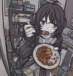 1girl absurdres ahoge androgynous bags_under_eyes bedroom black_jacket computer controller curry curry_rice depressed desk eating food food_on_face gudon_udon highres holding holding_plate holding_spoon indoors jacket jitome katsu_(food) katsu_curry laptop looking_to_the_side messy_hair messy_room muted_color open_clothes open_jacket original pale_skin plate remote_control rice shelf slovenly solo spoon