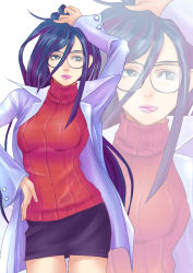 Rule 34 | 1girl, bad id, bad pixiv id, blue eyes, blue hair, breasts, dress, glasses, jacket, justice gakuen, licking lips, long hair, medium breasts, minazuki kyouko, multicolored hair, pencil skirt, purple hair, red sweater, ribbed sweater, shimaguni yamato, skirt, solo, standing, sweater, sweater dress, tongue, tongue out, two-tone hair, very long hair, white jacket, zoom layer