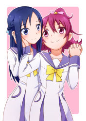 Rule 34 | 2girls, aida mana, blue eyes, blue hair, blue sailor collar, blush, braid, couple, dokidoki! precure, eye contact, half updo, hand on another&#039;s cheek, hand on another&#039;s face, hishikawa rikka, holding hands, interlocked fingers, long hair, looking at another, minu, multiple girls, pink background, pink eyes, pink hair, precure, sailor collar, school uniform, short hair, simple background, smile, yuri