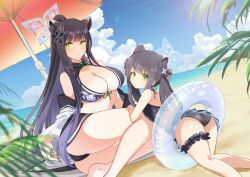 Rule 34 | 2girls, aa2233a, adapted costume, alternate costume, animal ears, ass, beach, bikini, black bikini, black hair, blue archive, blue sky, blunt bangs, blurry, bow, breasts, cleavage, cloud, cloudy sky, commentary request, depth of field, dual persona, flat chest, green eyes, hair bow, hair ornament, hair ribbon, halo, highres, horizon, innertube, large breasts, long hair, looking at viewer, lying, multiple girls, navel, ocean, on stomach, one-piece swimsuit, ponytail, ribbon, shun (blue archive), shun (small) (blue archive), sidelocks, sitting, sky, sleeveless, smile, stomach, sunlight, swim ring, swimsuit, thighlet, tiger ears, tiger girl, twintails