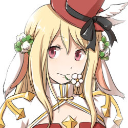 Rule 34 | 1girl, animal ears, arch bishop (ragnarok online), black bow, blonde hair, bow, cleavage cutout, closed mouth, clothing cutout, commentary request, cross, dress, floppy ears, flower, flower in mouth, hat, hat bow, long hair, looking at viewer, natsuya (kuttuki), pink eyes, rabbit ears, ragnarok online, red dress, red hat, simple background, solo, top hat, two-tone dress, upper body, white background, white dress, white flower, winged hat