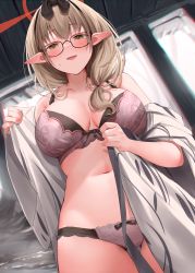 Rule 34 | 1girl, black-framed eyewear, black hairband, blue archive, bra, breasts, chinatsu (blue archive), chinatsu (hot spring) (blue archive), collarbone, glasses, green eyes, hairband, halo, highres, japanese clothes, kimono, large breasts, looking at viewer, narushima kanna, navel, panties, pink bra, pink panties, pointy ears, solo, underwear, white kimono