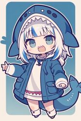 Rule 34 | 1girl, blue background, blue eyes, blue hair, blue jacket, brown background, chibi, commentary request, fins, fish tail, full body, gawr gura, hololive, hololive english, hood, hood up, hooded jacket, jacket, long sleeves, looking at viewer, multicolored hair, open clothes, open jacket, open mouth, puffy long sleeves, puffy sleeves, ran (ran ran010), shark tail, sharp teeth, shirt, sleeves past wrists, solo, standing, streaked hair, tail, teeth, two-tone background, virtual youtuber, white hair, white shirt