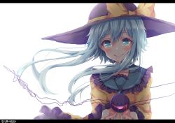 Rule 34 | 1girl, artist name, bad id, bad pixiv id, blood, blush, bow, commentary request, crying, crying with eyes open, floating hair, frilled shirt collar, frills, green eyes, green hair, green nails, hair between eyes, happy tears, hat, hat bow, highres, holding, komeiji koishi, letterboxed, long sleeves, looking at viewer, nail polish, pink eyes, purple hat, shiromoru (yozakura rety), shirt, short hair with long locks, sidelocks, simple background, smile, solo, tears, third eye, touhou, twitter username, upper body, wide sleeves, yellow bow, yellow shirt