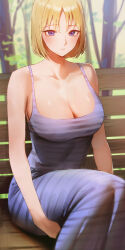 Rule 34 | 1girl, absurdres, armpit crease, bare shoulders, bench, blonde hair, blush, breasts, cleavage, collarbone, dated commentary, dress, highres, hugging own legs, large breasts, long dress, looking at viewer, on bench, original, outdoors, park bench, purple dress, purple eyes, rororo, scoop neck, short hair, sitting, sleeveless, sleeveless dress, solo, striped clothes, striped dress