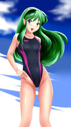Rule 34 | 1girl, absurdres, blue eyes, competition swimsuit, green hair, highres, horns, long hair, lum, nanao futaba, one-piece swimsuit, pointy ears, solo, standing, swimsuit, urusei yatsura