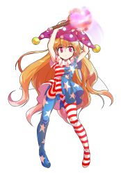 Rule 34 | 1girl, alphes (style), american flag dress, american flag legwear, arms up, blonde hair, clownpiece, dairi, full body, hat, highres, jester cap, long hair, looking at viewer, pantyhose, parody, pink eyes, solo, star (symbol), striped clothes, striped pantyhose, style parody, torch, touhou, transparent background, very long hair, white background