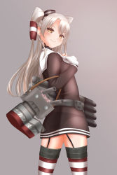 Rule 34 | 10s, 1girl, amatsukaze (kancolle), ass, belt, black panties, blush, brown eyes, brown jacket, cannon, choker, cowboy shot, garter straps, gloves, hair tubes, hands on own chest, hat, highres, jacket, kantai collection, lingerie, long hair, long sleeves, looking at viewer, looking back, machinery, mini hat, panties, red thighhighs, rensouhou-kun, robot, see-through, shounen (hogehoge), silver hair, simple background, single glove, smile, solo, striped clothes, striped thighhighs, thighhighs, twintails, two side up, underwear, white gloves, white thighhighs