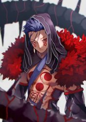 Rule 34 | 1boy, abs, bare pectorals, blue hair, chest tattoo, commentary request, cu chulainn (fate), cu chulainn (fate) (all), cu chulainn (fate/stay night), cu chulainn alter (fate), cu chulainn alter (fate/grand order), detached sleeves, earrings, facial mark, fate/grand order, fate (series), fur collar, highres, hood, jewelry, lancer, large pectorals, long hair, looking to the side, male focus, muscular, muscular male, pectorals, red eyes, revealing clothes, solo, spiked tail, tail, tattoo, upper body, yoshio (55level)