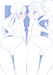 Rule 34 | 2girls, ass, back, bent over, blue theme, blush, breasts, cameltoe, commentary, crotch seam, from behind, glasses, hair ribbon, hanasaki tsubomi, heartcatch precure!, highres, in-franchise crossover, leaning forward, long hair, looking at viewer, looking back, low twintails, miyagoe yoshitsuki, monochrome, multiple girls, natsuumi manatsu, nipples, open mouth, outside border, panties, precure, ribbon, rimless eyewear, round eyewear, in-franchise crossover, side-by-side, side ponytail, small breasts, smile, standing, topless, trefoil, tropical-rouge! precure, twintails, underwear, underwear only, v