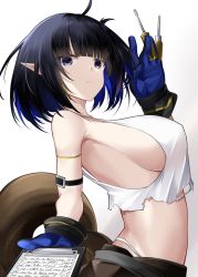 Rule 34 | 1girl, :&lt;, absurdres, arched back, arknights, arm strap, bare shoulders, black hair, blue eyes, blue hair, blunt bangs, bob cut, breasts, brown pants, camisole, clipboard, colored inner hair, covered erect nipples, crop top, eunectes (arknights), eunectes (forgemaster) (arknights), from side, frown, gloves, highres, jitome, large breasts, looking at viewer, midriff, multicolored hair, no bra, off shoulder, official alternate costume, pants, panty straps, pointy ears, reaching, reaching towards viewer, revealing clothes, screwdriver, see-through silhouette, shirt, short hair, sideboob, simple background, snake tail, tail, tank top, tools, torn clothes, torn shirt, upper body, white tank top, work gloves, yan lie