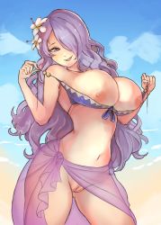 Rule 34 | 1girl, bellfonts, bikini, bikini pull, bikini top only, blue sky, bottomless, breasts, breasts out, camilla (fire emblem), clothes pull, cloud, day, female focus, fire emblem, fire emblem fates, fire emblem heroes, flower, front-tie bikini top, front-tie top, groin, hair flower, hair ornament, hair over one eye, highres, large breasts, long hair, matching hair/eyes, navel, nintendo, nipples, outdoors, purple eyes, purple hair, pussy, sarong, see-through, sky, smile, solo, standing, swimsuit, teeth, uncensored, upper teeth only, water
