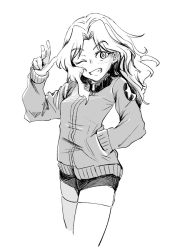 Rule 34 | 10s, 1girl, brown jacket, cowboy shot, emblem, girls und panzer, greyscale, grin, hair intakes, hand in pocket, jacket, kay (girls und panzer), long hair, long sleeves, looking at viewer, military, military uniform, mituki (mitukiiro), monochrome, one eye closed, open mouth, saunders military uniform, short shorts, shorts, sketch, smile, solo, standing, star (symbol), thighhighs, uniform, w