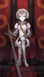 Rule 34 | 1girl, armor, fantasy, gloves, headpiece, kazuoki, crossed legs, sitting, solo, sword, thighhighs, throne, weapon