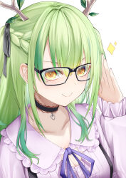 Rule 34 | 1girl, antlers, black choker, blush, braid, breasts, ceres fauna, ceres fauna (jirai kei), choker, cleavage, closed mouth, collarbone, crown braid, glasses, green hair, hair between eyes, highres, hololive, hololive english, horns, kouyadoufu, long hair, long sleeves, looking at viewer, medium breasts, mole, mole under eye, official alternate costume, salute, smile, solo, virtual youtuber, white background, yellow eyes