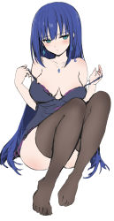 Rule 34 | 1girl, babydoll, black babydoll, black thighhighs, blue eyes, blue hair, blush, breasts, cleavage, closed mouth, earrings, engage kiss, haoni, highres, jewelry, large breasts, long hair, necklace, off shoulder, simple background, sitting, sketch, solo, thighhighs, very long hair, white background, yuugiri ayano