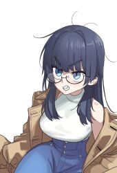 Rule 34 | 1girl, angry, bare shoulders, blue eyes, blue hair, blue pants, blunt bangs, breasts, brown coat, clenched teeth, clothing cutout, coat, denim, glasses, hair intakes, high-waist pants, hololive, hololive english, jeans, large breasts, long hair, messy hair, official alternate costume, official alternate hairstyle, open clothes, open coat, ouro kronii, ouro kronii (casual), pants, shirt, simple background, sleeveless, solo, teeth, trench coat, turtleneck, virtual youtuber, white background, white shirt, zedd (zedgawr)