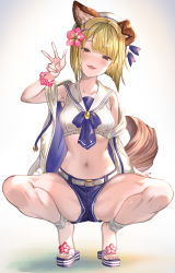 Rule 34 | 1girl, aldehyde, animal ears, belt, blonde hair, blue shorts, blush, breasts, brown eyes, collarbone, crop top, dog ears, dog girl, dog tail, erune, granblue fantasy, hat, highres, looking at viewer, navel, open clothes, open mouth, open vest, sailor collar, sandals, short hair, short shorts, shorts, small breasts, smile, solo, squatting, tail, thighs, vajra (granblue fantasy), vajra (summer) (granblue fantasy), vest, white hat, white vest