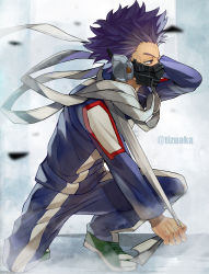 Rule 34 | 1boy, bags under eyes, blurry, blurry foreground, boku no hero academia, debris, depth of field, forehead, full body, green footwear, gym uniform, haze, highres, holding, holding weapon, kneeling, male focus, mask, messy hair, mouth mask, on one knee, purple eyes, purple hair, scarf, shadow, shinsou hitoshi, shoes, short hair, sneakers, solo, spiked hair, strap, tonbanlove, twitter username, u.a. gym uniform, weapon, wind