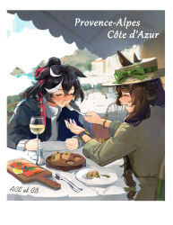 2girls absurdres alternate_costume black_hair blue_jacket blurry blurry_background blush bracelet brown_hair casual chair character_name clenched_hand closed_eyes coat cup drinking_glass ears_down ears_through_headwear escargot feeding fork france hair_ornament hairclip hat high_collar highres holding holding_fork hukurou96 jacket jewelry katsuragi_ace_(umamusume) long_hair long_sleeves mr._c.b._(umamusume) multicolored_hair multiple_girls nose_blush open_mouth outdoors plate ponytail salmon shirt short_hair sitting spoon streaked_hair sweat table umamusume upper_body watch white_shirt wine_glass wooden_tray wristwatch