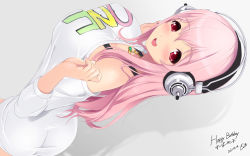 Rule 34 | 1girl, :d, ass, bare shoulders, blush, breasts, cait aron, dress, covered erect nipples, from above, from below, happy birthday, headphones, highres, jewelry, large breasts, long hair, nail polish, necklace, nitroplus, no bra, off shoulder, open mouth, pink hair, red eyes, smile, solo, super sonico, sweater, sweater dress