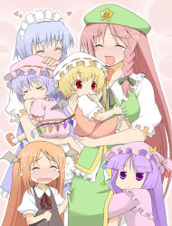 Rule 34 | 6+girls, :&lt;, :d, aged down, akagiakemi, bat wings, blonde hair, blush, blush stickers, braid, breasts, carrying, child, china dress, chinese clothes, crying, dress, embodiment of scarlet devil, fang, female focus, finger in mouth, finger sucking, flandre scarlet, grabbing, grabbing another&#039;s breast, hat, head wings, heart, hong meiling, izayoi sakuya, koakuma, large breasts, long hair, maid, multiple girls, open mouth, patchouli knowledge, ponytail, purple eyes, purple hair, red eyes, red hair, remilia scarlet, short hair, side ponytail, silver hair, smile, tears, touhou, twin braids, wings