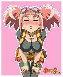 Rule 34 | 00s, 1girl, bent over, blush, breasts, climax entertainment, closed eyes, dinosaur king, female focus, goggles, incoming kiss, kiss, large breasts, latex, makino tomoyasu, pink background, pink hair, sega, solo, tatsuno malm, thighhighs, twintails