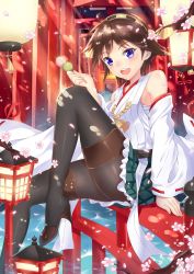 Rule 34 | 10s, 1girl, black pantyhose, blue eyes, blush, branch, brown hair, cherry blossoms, dango, food, hairband, hiei (kancolle), highres, japanese clothes, kantai collection, looking at viewer, nontraditional miko, open mouth, pantyhose, pc9527, petals, short hair, sitting, skirt, solo, torii, wagashi