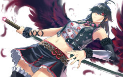 Rule 34 | 1girl, ahoge, arm guards, asymmetrical clothes, bare shoulders, black hair, black wings, choker, crop top, cropped jacket, cuffs, detached sleeves, dutch angle, elbow gloves, expressionless, eyes visible through hair, feathers, frills, gloves, hair over one eye, huge weapon, katana, looking down, midriff, navel, panties, pantyshot, phantasy star, phantasy star universe, ran&#039;ou (tamago no kimi), red eyes, sarashi, skirt, sleeveless, solo, standing, sword, thighhighs, underwear, upskirt, vambraces, weapon, white background, white panties, wings, wristband, zettai ryouiki