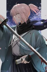 Rule 34 | 1girl, ahoge, black scarf, blood, blood on face, bloody weapon, cherry blossoms, fate/grand order, fate (series), hakama, haori, highres, holding, holding sword, holding weapon, japanese clothes, katana, kimono, minoe08, okita souji (fate), pink hair, scarf, sheath, short ponytail, sword, weapon, wide sleeves