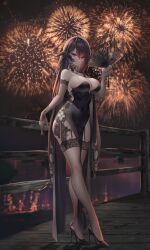 Rule 34 | absurdres, au ra, black footwear, china dress, chinese clothes, dress, elbow gloves, final fantasy, final fantasy xiv, firework background, fireworks, garter straps, gloves, hand fan, high heels, highres, horns, lace, lace-trimmed legwear, lace trim, long glove, no bra, pumps, red eyes, see-through, shoes, stiletto heels, strapless, strapless dress, tattoo, tattoo on legs, thighhighs, whois