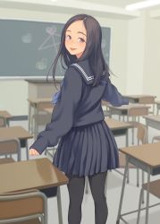 Rule 34 | 1girl, :p, ai ai gasa, black eyes, black hair, black pantyhose, black serafuku, black shirt, black skirt, blurry, blush, chair, chalkboard, classroom, depth of field, desk, from behind, heart, highres, indoors, kamo (gafas), long hair, looking at viewer, looking back, mole, mole under eye, neckerchief, original, pantyhose, parted bangs, pleated skirt, school, school desk, school uniform, serafuku, shirt, skirt, sleeves past wrists, solo, standing, tongue, tongue out