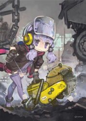 Rule 34 | 1girl, ahoge, animal ears, animal hood, anklet, black gloves, blurry, blurry background, chain, circular saw, dress, face shield, fake animal ears, full body, gloves, headphones, highres, hood, hoodie, iroikkai, jewelry, junk, light purple hair, looking at viewer, machinery, open clothes, open hoodie, power tool, pull cord, purple dress, purple eyes, purple thighhighs, rabbit ears, saw, short hair with long locks, sideways glance, solo, striped clothes, striped dress, striped thighhighs, sweat, thighhighs, twitter username, v-shaped eyebrows, vertical-striped clothes, vertical-striped dress, vertical-striped thighhighs, voiceroid, walking, wavy mouth, yuzuki yukari, zettai ryouiki